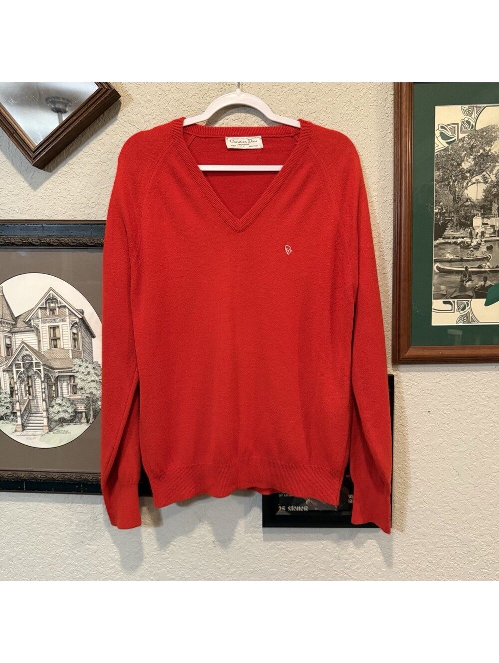 Vintage 80s/90s RARE Christian Dior Monsieur Red V Neck Sweater Mens Large